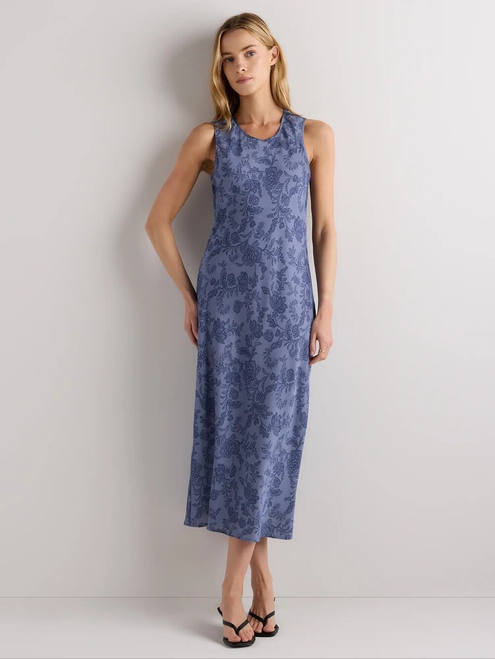 Blue Floral Washable Stretch Silk Tank Midi Dress